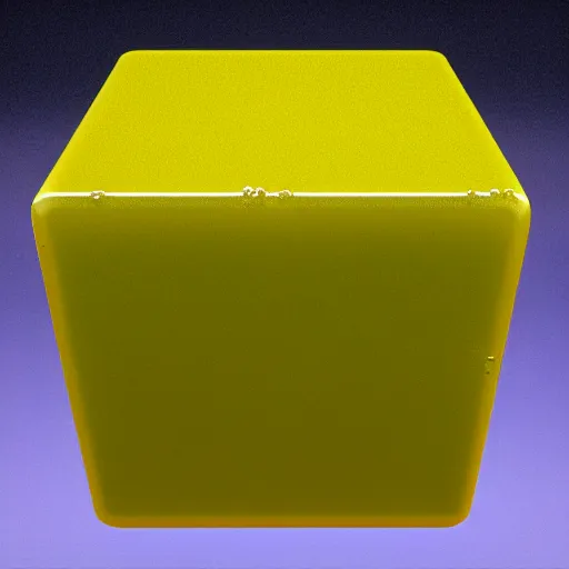 Prompt: a perfect cube covered in a sticky yellow slime substance, realistic, 4 k, raytracing