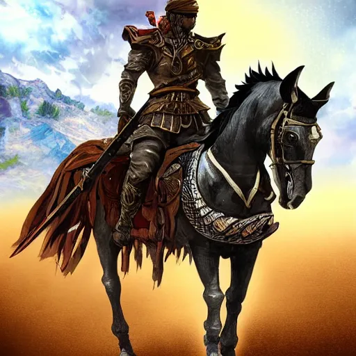 Image similar to an illustration for a new video game, by square enix, about a hero who fights for his nation, very realistic details and details, wearing a turban and also riding a black horse, while carrying a large sword, his clothes are very patterned desert, and also symmetrical, perfect shape and line, this illustration is drawn by yoshitaka amano