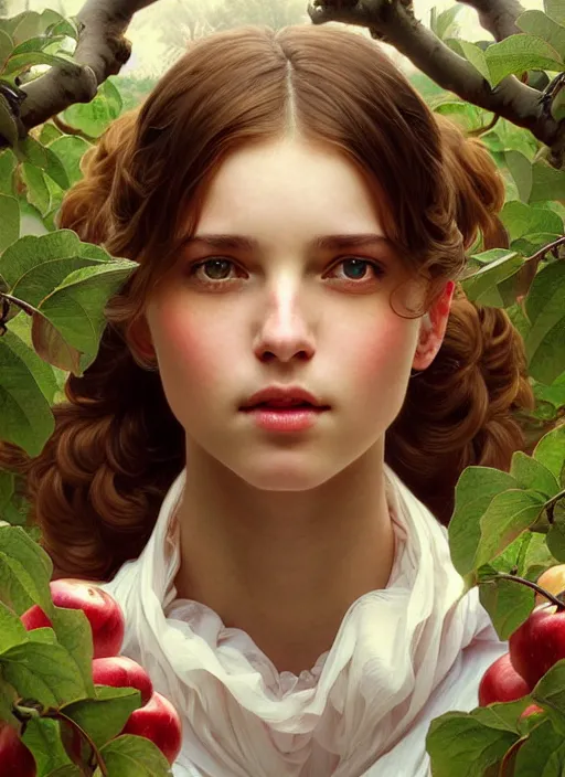 Prompt: symmetry!! portrait of young woman cursed with ever - increasing intelligence beauty and virtue, slice - of - life, realism, in apple orchard!! intricate, elegant, highly detailed, digital painting, artstation, concept art, smooth, sharp focus, illustration, art by artgerm and greg rutkowski and alphonse mucha