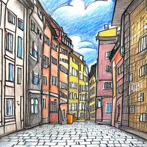 Prompt: a street in gamla stan stockholm, studio ghibli inspired drawing