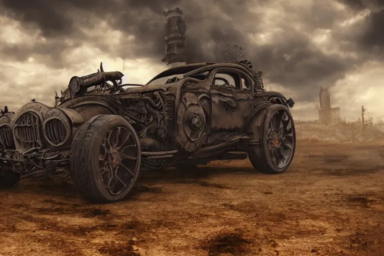 Prompt: ultra realist 3d soft paint of a single gothic steampunk four wheel sport car fully armored, Fallout, symmetry accurate features, very intricate details, ominous sky, volumetric light clouds, post apocalyptic background