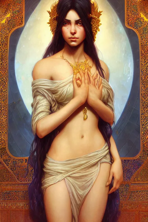 Image similar to beautiful and enigmatic persian princess held captive in a remote research facility. vulnerability and innocence, ultra realistic, sharp details, subsurface scattering, intricate details, warm lighting, beautiful features, highly detailed, photorealistic, octane render, 8 k, unreal engine, art by artgerm and greg rutkowski and alphonse mucha