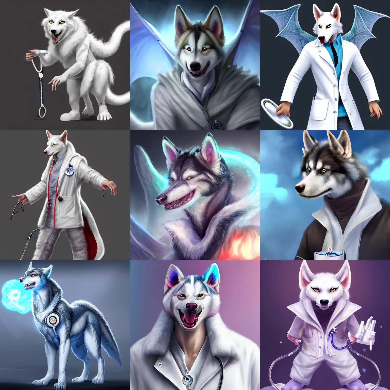 Prompt: male antropromorphic dragon - husky - hybrid, wearing a white doctor coat and stethoscope, digital art, concept art, trending on artstation, bright colors, highly detailed, 8 k hd