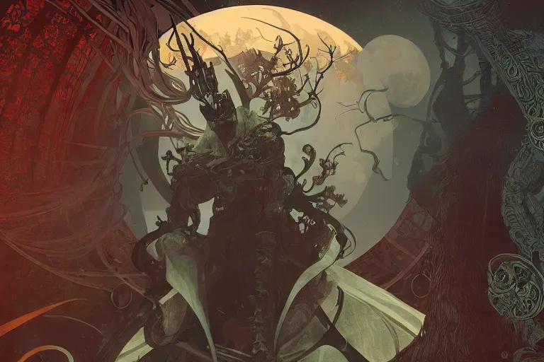 Image similar to an ultra detailed vector image of a big daddy in the style of bloodborne, concept art by alphonse mucha and greg rutkowski, scary shadows, blood moon eclipse, octane render, liminal space