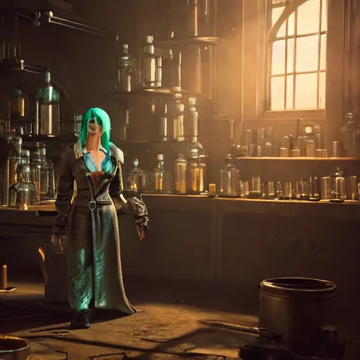 Prompt: cyberpunk alchemy laboratory full of potions, ciri from the witcher. stunning 3 d render, flesh texture, realistic, highly detailed attributes and atmosphere, dim volumetric cinematic lighting, 8 k octane detailed render, post - processing, masterpiece, rtx on, rendering on unreal engine