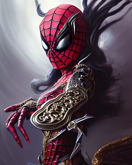 Image similar to portrait of spiderwoman, intricate ornate details, fantasy, elegant, highly detailed, digital painting, artstation, concept art, smooth, sharp focus, illustration, artbook, splash art, promo art, soul calibur, league of legends, art by artgerm and greg rutkowski and bo chen and jin xiaodi