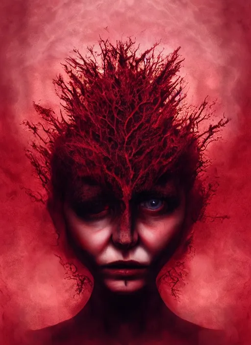 Image similar to dramatic red matte portrait painting of woman with black mandelbrot fractal instead of face, horror, body horror, dark art, 4 k, detailed, realistic, psychotic, insane, crazy, mental illness, dramatic,