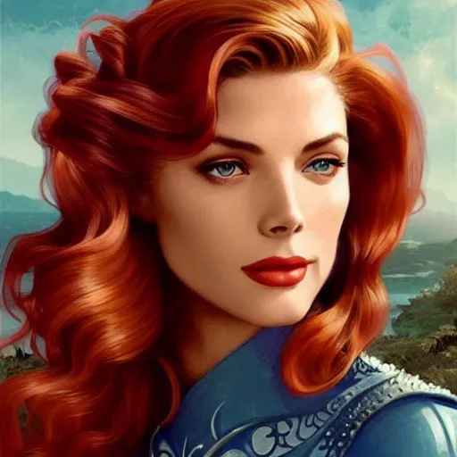 Prompt: A combination of Grace Kelly's and Katheryn Winnick's and Ashley Greene's faces with red hair as Aqua Man, full body shot, western, fantasy, intricate, elegant, highly detailed, digital painting, artstation, concept art, matte, sharp focus, illustration, art by Artgerm and Greg Rutkowski and Alphonse Mucha