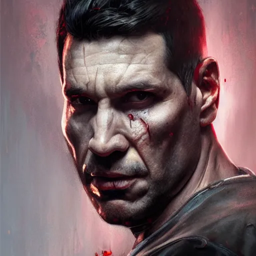 Image similar to portrait of frank castle the punisher, bloody, intricate, elegant, highly detailed, centered, digital painting, artstation, concept art, smooth, sharp focus, illustration, artgerm, tomasz alen kopera, peter mohrbacher