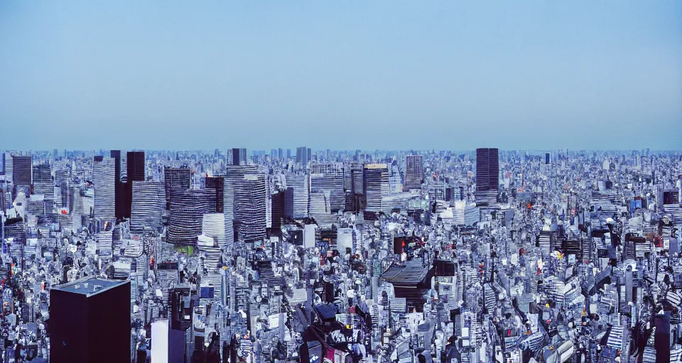 Image similar to photograph of the tokyo skyline, shot on cinestill 5 0 d with a 3 5 mm lens aperture f / 8, dynamic composition, high camera angle, wide angle, full frame, full res, pinpoint sharp focus, hyper realistic