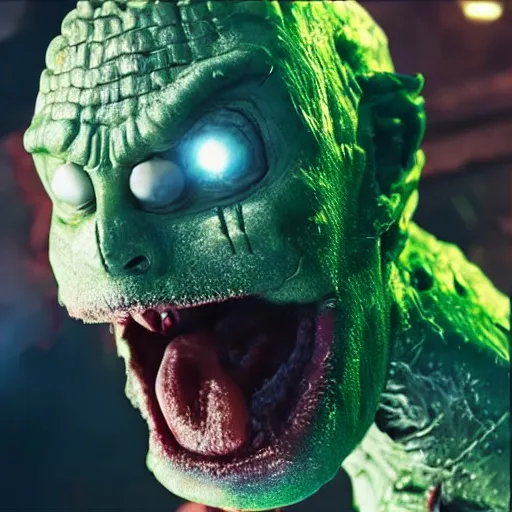 Image similar to pickle rick as superman! in gears of war, splash art, movie still, detailed face, photorealistic facial features, cinematic lighting, dramatic, octane render, long lens, shallow depth of field, bokeh, anamorphic lens flare, 8 k, hyper detailed, 3 5 mm film grain