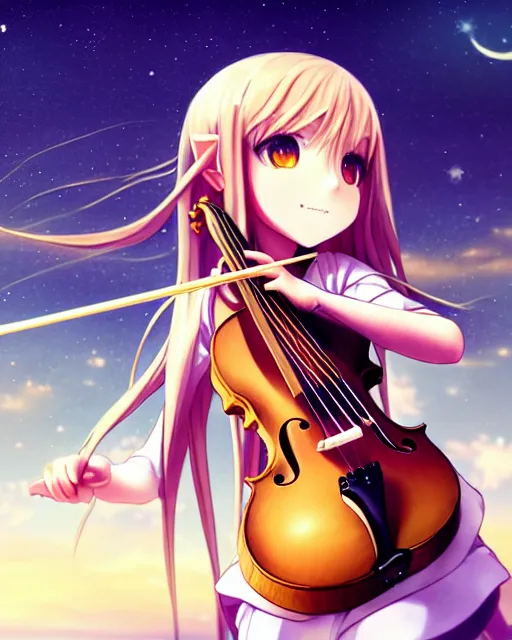 Image similar to chibi, cute, female, full body, elf girl with white skin and golden long wavy hair, holding a violin and playing a song, stunning art style, filters applied, lunar time, night sky, trending art, sharp focus, centered, landscape shot, fate zero, simple background, studio ghibly makoto shinkai yuji yamaguchi, by wlop