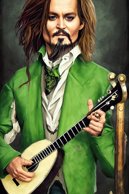 Image similar to Breathtaking comic book style of Johny Depp portrayed as a Dungeons and Dragons bard, playing the lute and wearing a pale green jacket in the style of ilya kuvshinov