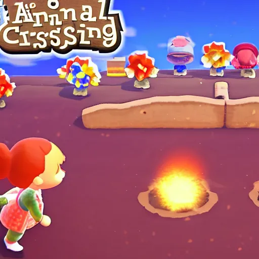 Image similar to screenshot of carpet bombing in animal crossing, explosions, fire, chaos, rubble