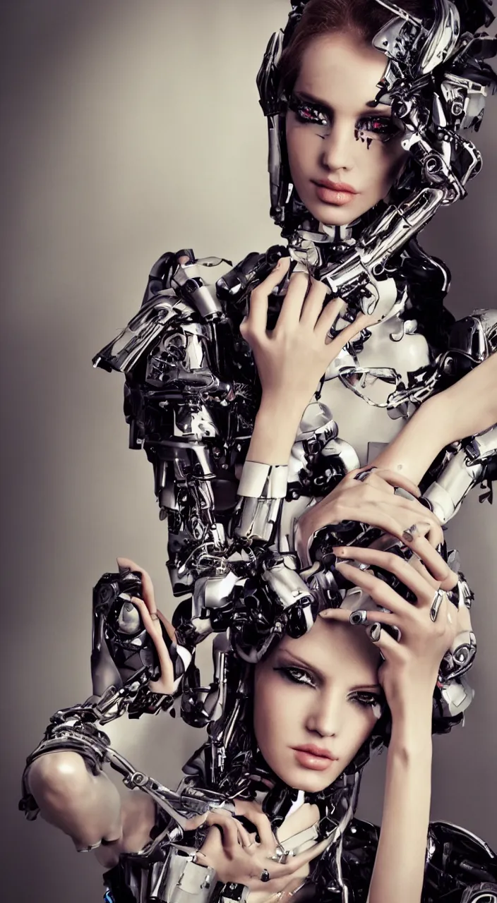 Image similar to android, cyberpunk, artificial limbs, vogue photoshoot, glamour, long dress