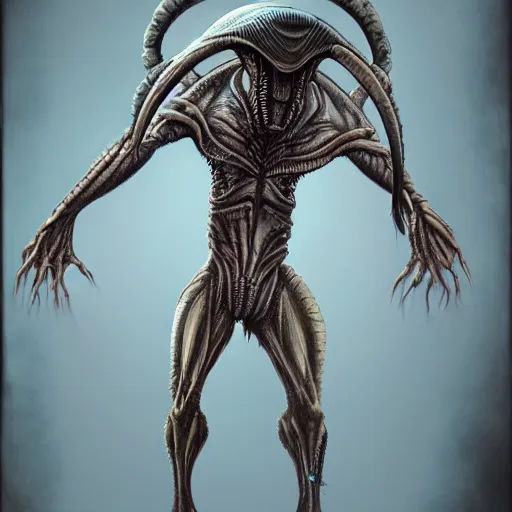 Prompt: full body studio photo of a new alien monster, creative design, realistic detailed painting, trending on deviantart