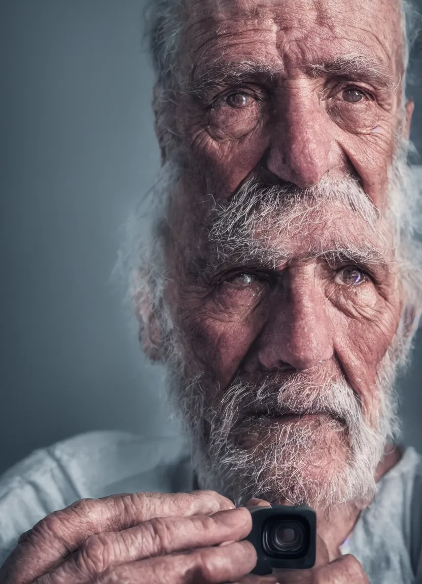 Prompt: a close up polaroid photo from above of an old man illuminated by the purple flash of the camera photorealistic, 4 k, 8 k, ultra hd.