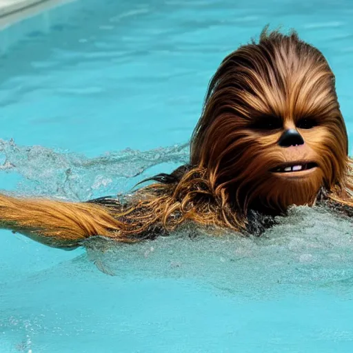 Prompt: Chewbacca swimming in brown water