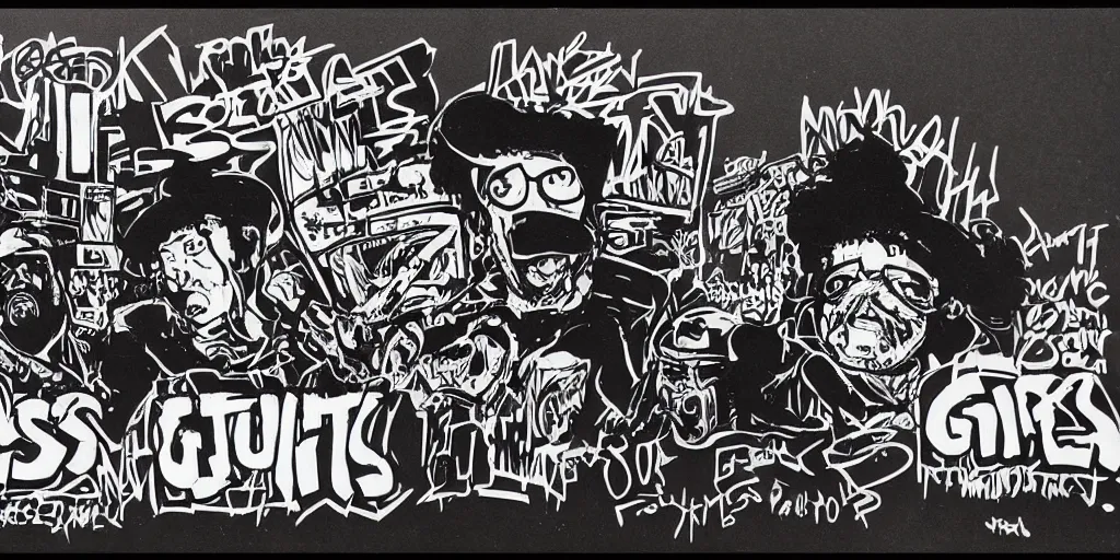 Prompt: gritty early 8 0 s graffiti surrounded by black and on a black background, concept art, trending on artstation, beastie boys