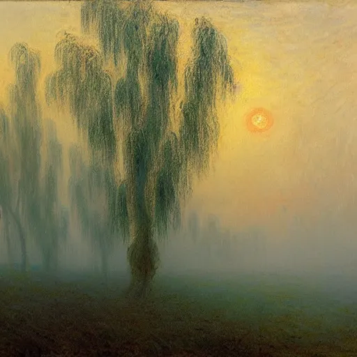 Image similar to willow trees in a misty field at daybreak, atmospheric, by turner and monet