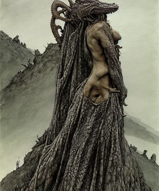 Image similar to A detailed horned crocodilewoman stands among the hills. Wearing a ripped mantle, robe. Perfect faces, extremely high details, realistic, fantasy art, solo, masterpiece, art by Zdzisław Beksiński, Arthur Rackham, Dariusz Zawadzki