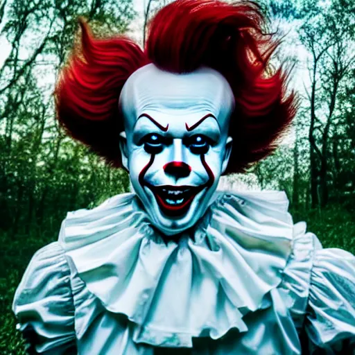 Image similar to Elon Musk as pennywise from the movie IT, grungy, unkept hair, glowing eyes, modelsociety, radiant skin, huge anime eyes, RTX on, perfect face, directed gaze, intricate, Sony a7R IV, symmetric balance, polarizing filter, Photolab, Lightroom, 4K, Dolby Vision, Photography Award