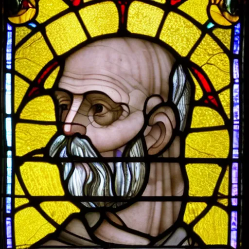 Prompt: 1 0 th century stained glass window, side portrait of a very old man, side - view, wrinkly grey skin, red eye - shadow, yellow eyes, bald and shaven, red bloody background, detailed and masterful