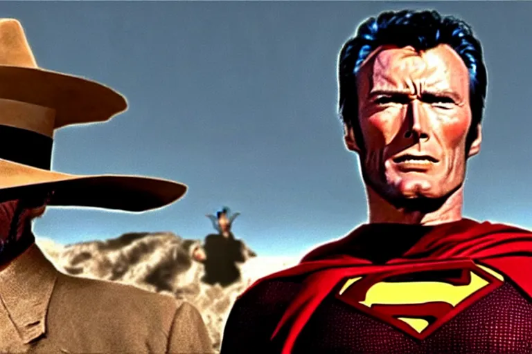Image similar to clint eastwood as superman in the good the bad and the ugly