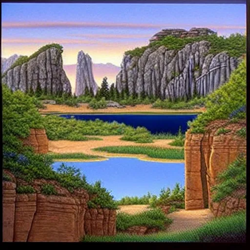 Image similar to Larry Elmore painting - You step to the edge of the rocky opening and peer over. You see a tranquil pond and a sandy beach 20 feet below. The opening’s bottom leads to a cave, its verdant flora a stark contrast to the rocky sides.