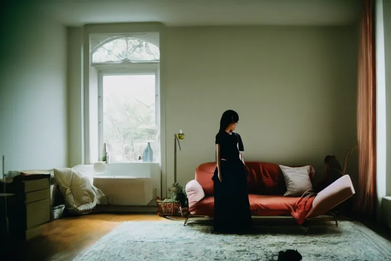 Image similar to film photography of the light shining on girl in living room interior, soft light, no focus