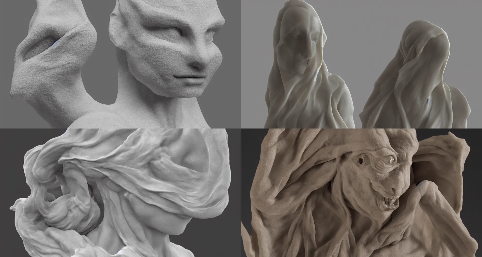 Prompt: a fine masterwork marble sculpture of the veiled kobold, soft lighting, product render