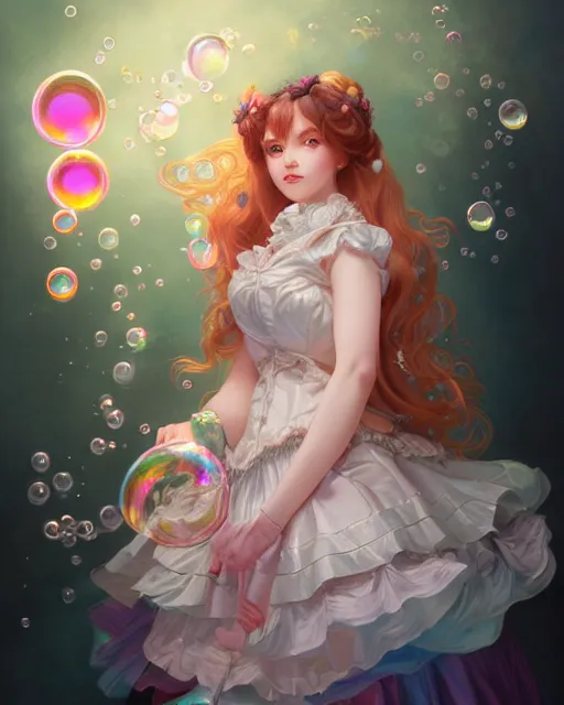 Image similar to portrait of magical lolita girl, dreamy and ethereal, expressive pose, big gold eyes, exciting expression, fantasy, intricate, elegant, many rainbow bubbles, rose tones, highly detailed, digital painting, artstation, concept art, cyberpunk wearing, smooth, sharp focus, illustration, art by artgerm and greg rutkowskiand alphonse mucha