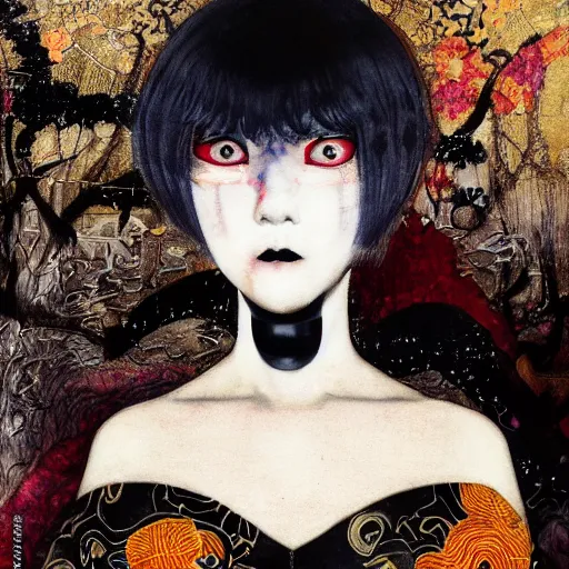 Image similar to yoshitaka amano blurred and dreamy realistic three quarter angle portrait of a young woman with black lipstick and black eyes wearing dress suit with tie, junji ito abstract patterns in the background, satoshi kon anime, noisy film grain effect, highly detailed, renaissance oil painting, weird portrait angle, blurred lost edges