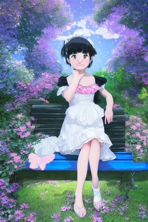 Prompt: a beautiful hyperdetailed portrait render of black - haired little girl in a blue lolita dress with stars and petticoat sitting on a bench in a botanical garden, atmospheric lighting, style of makoto shinkai, raphael lacoste