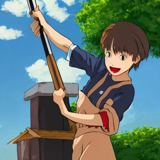 Prompt: a girl holding a comically large hammer and slapping it on the head of a boy, anime art, smooth, elegant, HD, Studio Ghibli