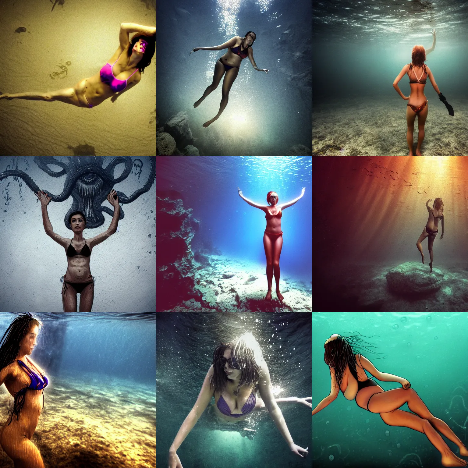 Prompt: woman in bikini freediving with Ctulhu, dimly lit underwater, HD wallpaper, in the style of lovecraftian horror fan art