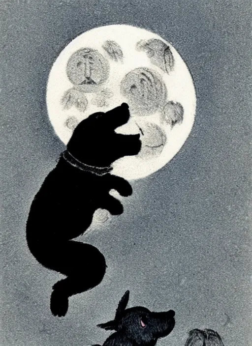 Image similar to small dog silhouette howling at the moon, illustrated by peggy fortnum and beatrix potter and sir john tenniel