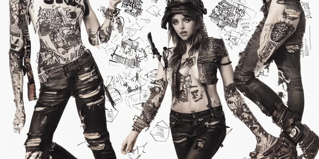 Prompt: anne winters fully tattooed, wearing scratched and ripped short leather jeans, wearing an aviator outfit with a smiley stamp on its back, character sheet, fine details, props, concept design, contrast, kim jung gi, greg rutkowski, trending on artstation, 8 k, full body, turnaround, front, back, ultra wide angle