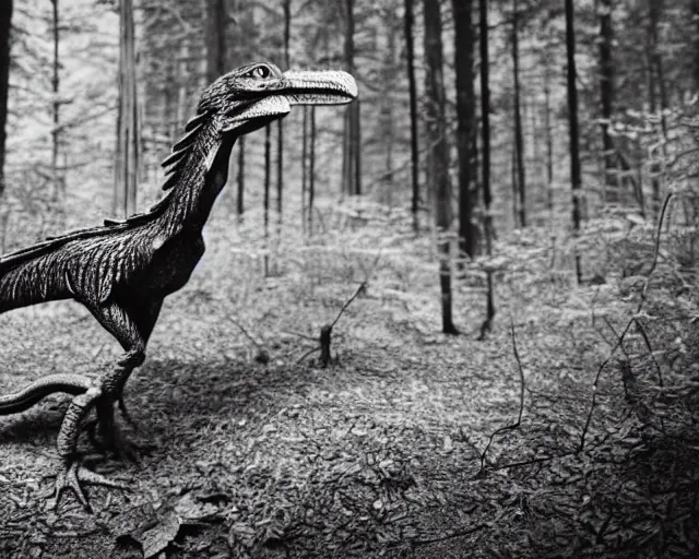 Image similar to hyper realistic vintage photograph of a real feathered velociraptor in a forest, ultra detailed, grain, old, monochrome, sepia toned, realistic lighting, wide angle, prehistoric planet