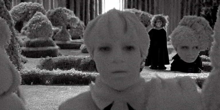 Image similar to photorealistic ultra wide cinematography of danny and wendy torrance from stanley kubrick's 1 9 8 0 film the shining, walking inside and navigating through the hedge labyrinth outside overlook hotel shot on 3 5 mm eastman 5 2 4 7 film by the shining cinematographer john alcott shot on a wide kinoptik tegea 9. 8 mm lens. with golden ratio composition