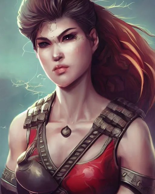 Prompt: a beautiful and strong female warrior by Ross Tran and Laura Sava