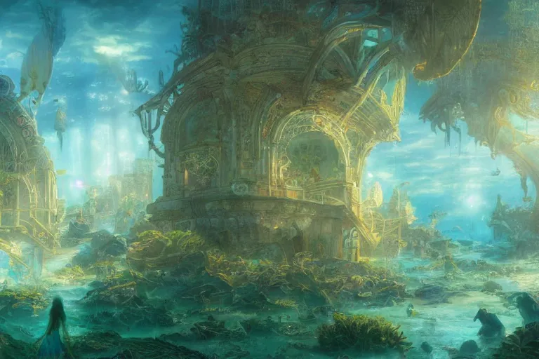 Image similar to a scenic landscaping view of the lost and abandoned city of Atlantic under water, ray of sunlight, mermaids in distance, Greg Rutkowski, Moebius, Mohrbacher, Mucha, blue and gold color scheme, ultra wide angle, light effect