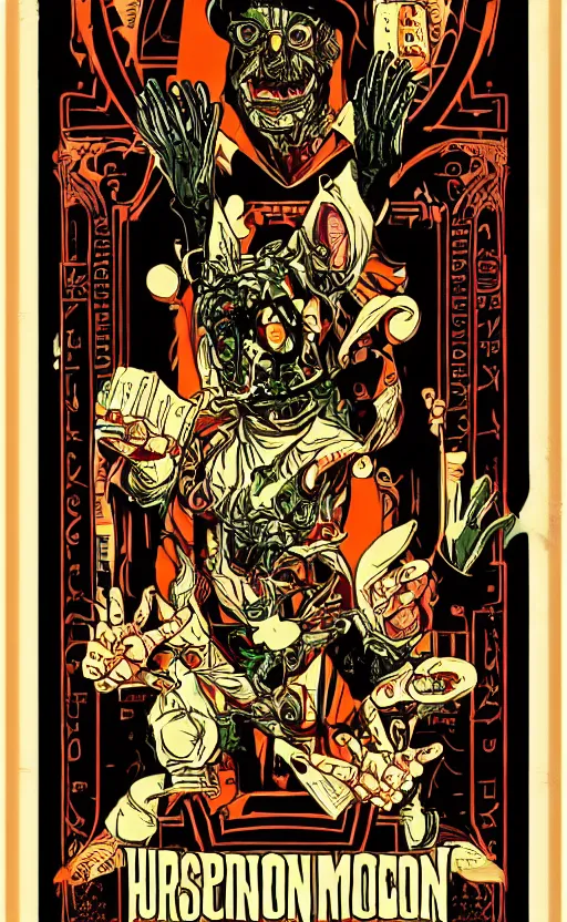 Image similar to cursed with necronomicon horrorcore cel animation poster depicting easter bunny, intricate faces, metropolis, 1 9 5 0 s movie poster, post - processing, vector art