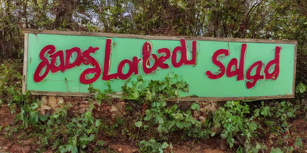 Image similar to an abandoned salad bar from the 6 0 s, the sign features several fruits along with a cornucopia and the words salad bar