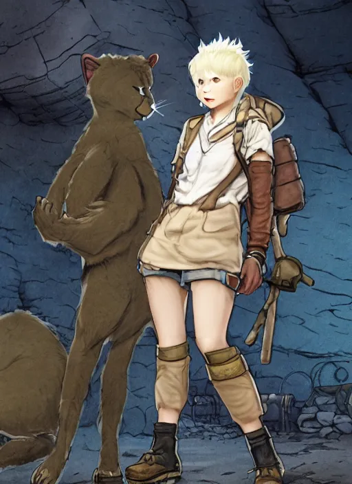 Image similar to character portrait of a (((anthro albino mountain lion))) wearing miner's clothes at the mines. hidari, color page, tankoban, 4K, tone mapping, Akihiko Yoshida.