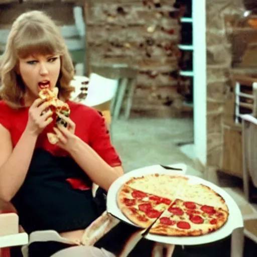 Image similar to film still of feedee Taylor Swift eating an entire pizza by herself with her big bloated belly on display