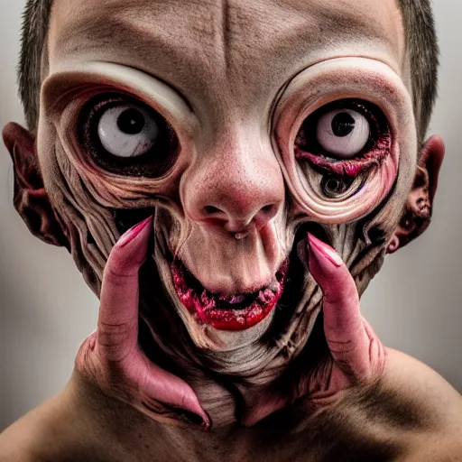 Image similar to artistic photoshoot of a mothan hybrid, grotesque, body horror, mutant shaming, creepy, terrifying, 8 k hdr 8 0 mm wide angle portrait