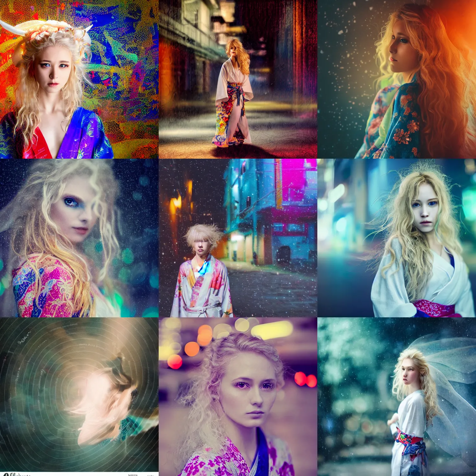 Prompt: stunning, breathtaking, awe - inspiring award - winning portrait of an attractive white faerie with wavy blonde hair, wearing a colorful yukata in an abandoned city at night, extremely moody lighting, intricate, soft focus, 8 k, abstract impressionism