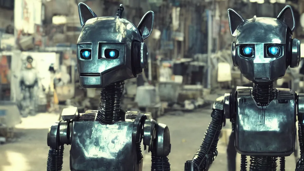 Image similar to film still from the movie chappie of the robot chappie shiny metal outdoor market scene bokeh depth of field furry anthro anthropomorphic stylized cat ears head android service droid robot machine fursona