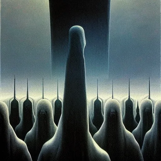 Image similar to dystopian surreal painting aliens in shrouds praying to a single eerie head statue surrounded by uneven buildings, artstyle by zdzisław beksinski